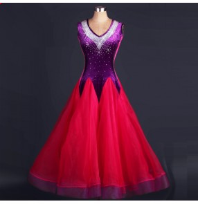 Fuchsia hot pink violet patchwork rhinestones sleeveless v neck velvet  backless competition performance long length ballroom dance dresses outifts